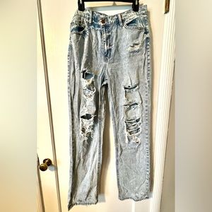 Jeans, distressed, washed blue jeans straight legged